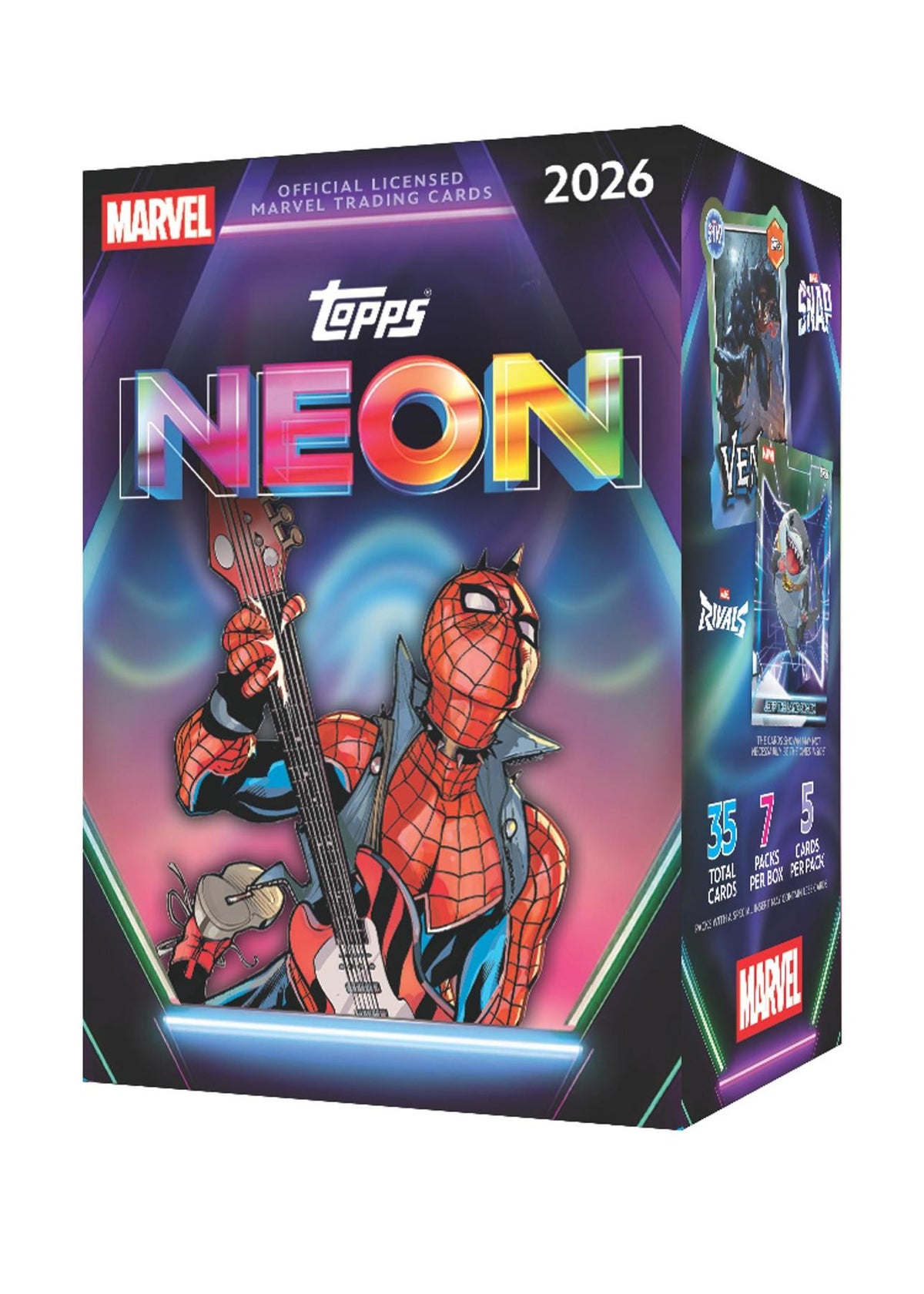 2026 Topps Neon Marvel sealed retail blaster value box featuring Spider-Man, 7 packs of 5 cards
