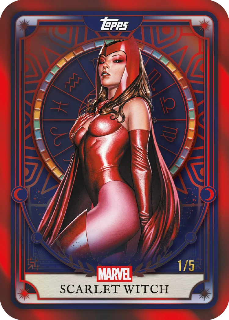Scarlet Witch Neon Tarots Red Foil card from 2026 Topps Neon Marvel